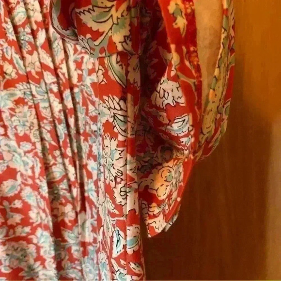 HOCOSIT Women's Floral Print Short Ruffle Sleeve Pleated Front V Neck - Picture 9 of 15